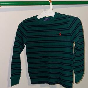 Long sleeved, striped thermal shirt.